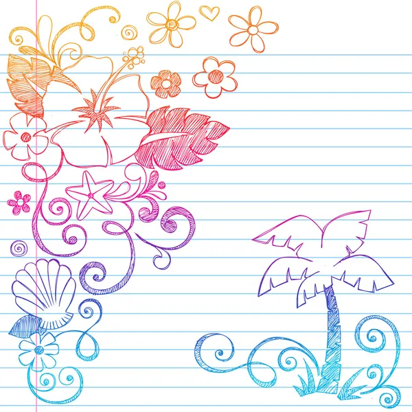 Doodles havaiano de hibisco verão esboçado — Vetor de Stock