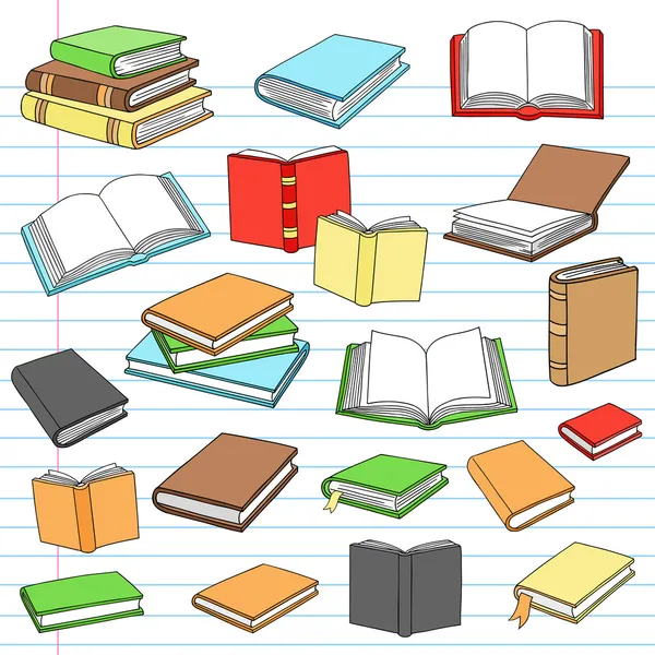 Libri Biblioteca Lettura Notebook Doodles Set — Vettoriale Stock