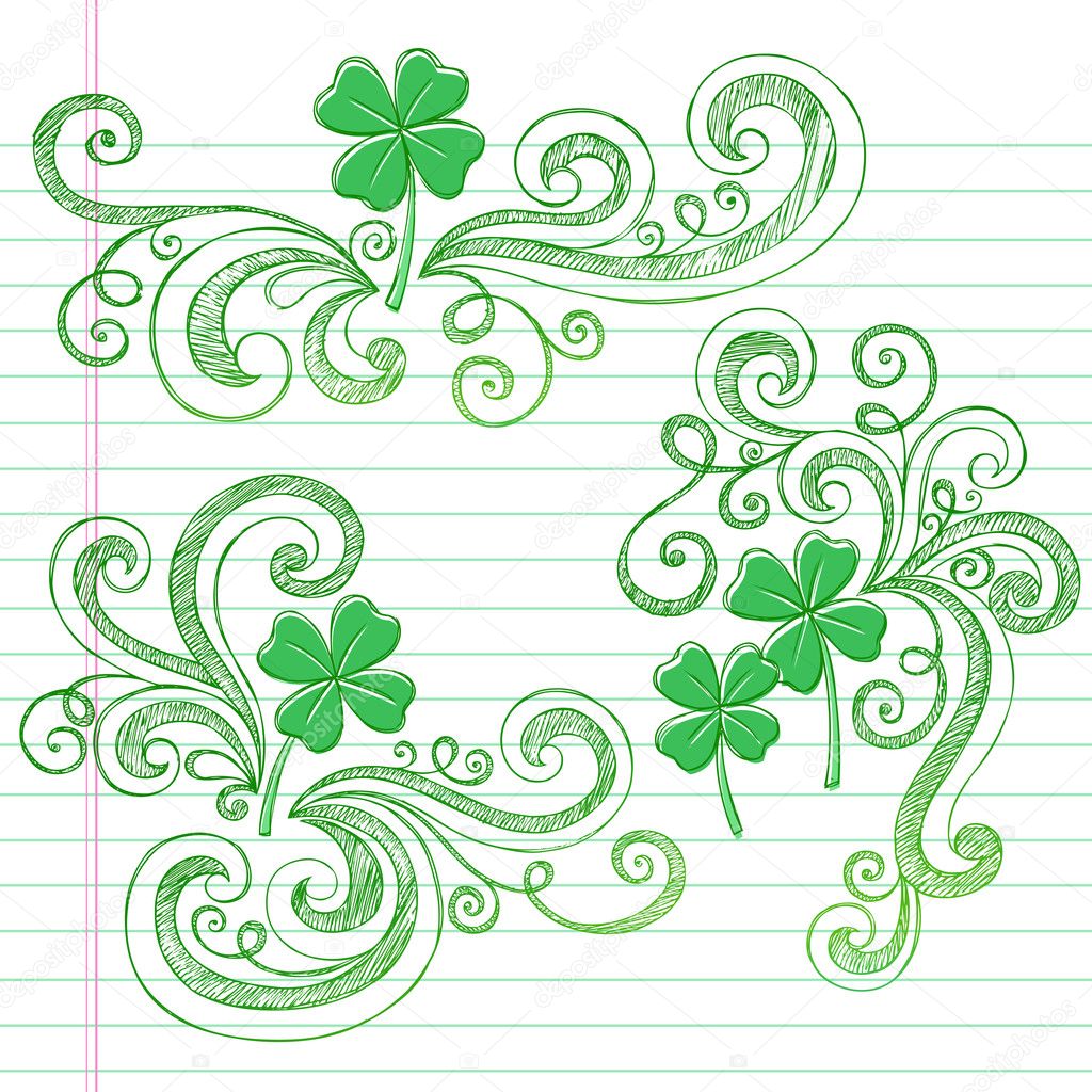 Sketchy St Patricks Day Four Leaf Clovers Doodle Vector