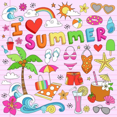 I Love Summer Vacation Notebok Doodles Vector Set clipart