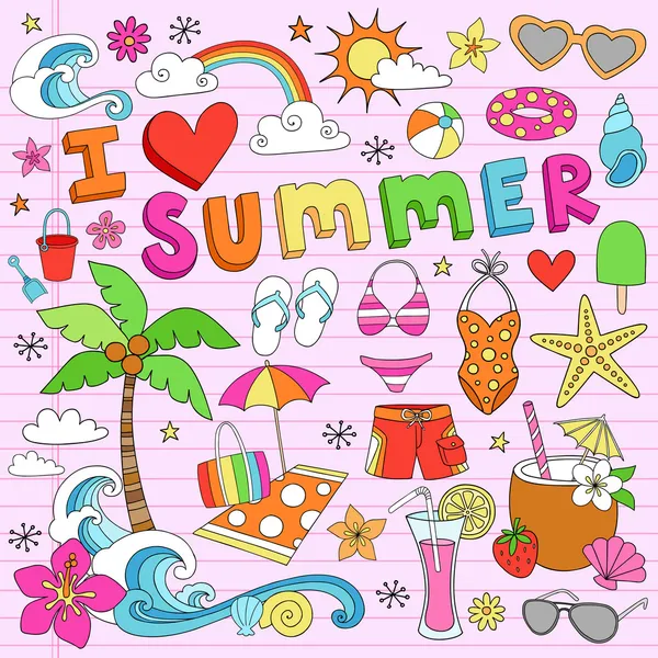 Me encanta vacaciones de verano Notebok Doodles Vector Set — Archivo Imágenes Vectoriales