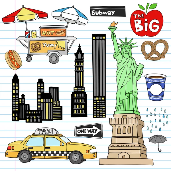 New york city manhattan doodles set vettoriale — Vettoriale Stock