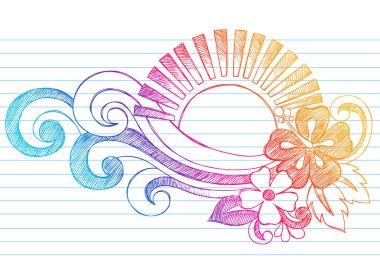 Sketchy Summer Sunset and Tropical Hibiscus Flower Doodle Vector clipart