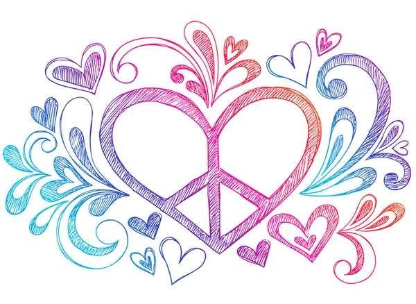 Barış işareti çizilmiş kalp yarım yamalak defter doodles — Stok Vektör