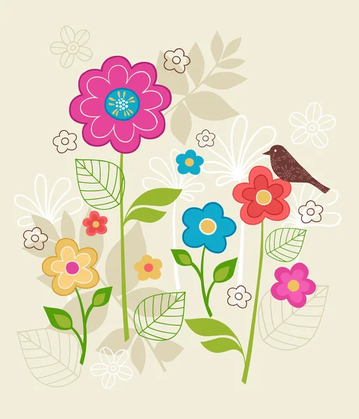 Hand-Drawn Floral & Bird Seamless Repeat Pattern — Stock Vector