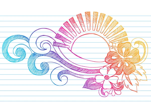 Skizzenhafter Sommersonnenuntergang und tropischer Hibiskusblüten-Doodle-Vektor — Stockvektor