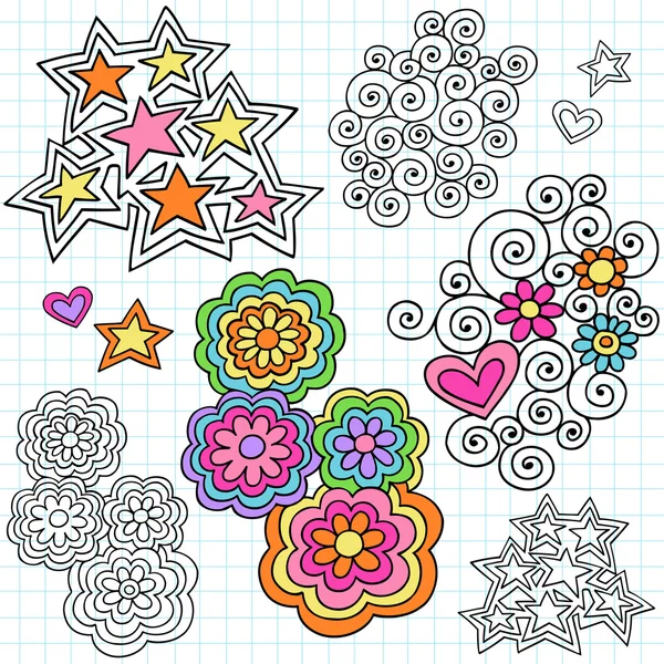 Handgezeichnete psychedelisch groovy Notizbuch Doodle Design-Elemente — Stockvektor