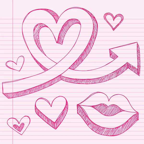 Valentine 's Day Sketchy Doodle Love Heart and Lips — стоковый вектор