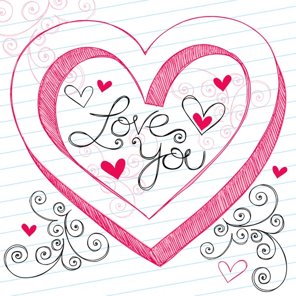I Love You 3D Heart Sketchy Doodles Elementos de diseño vectorial — Archivo Imágenes Vectoriales