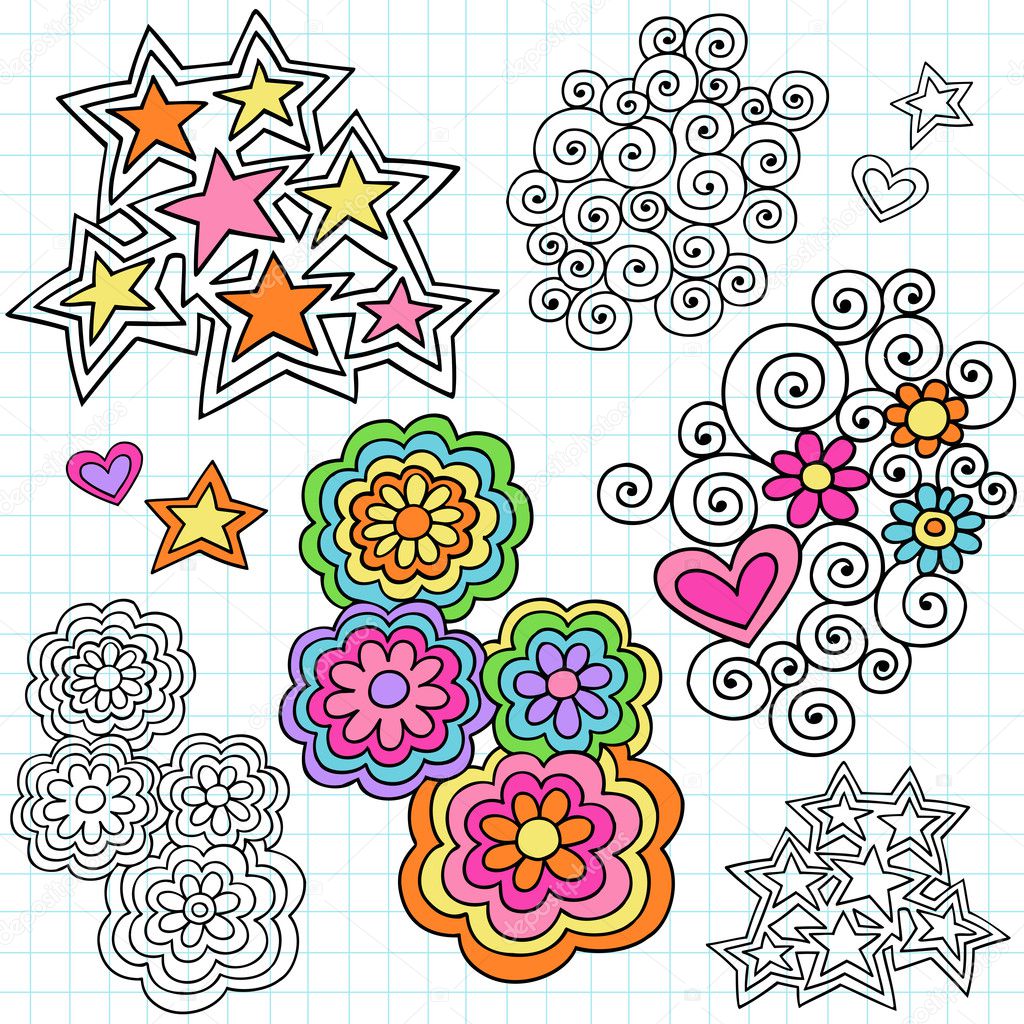 Hand-Drawn Psychedelic Groovy Notebook Doodle Design Elements