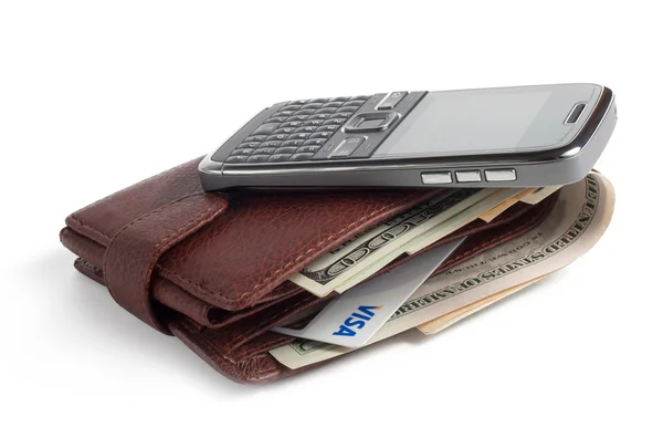 Telefon, plånbok och pengar — Stockfoto