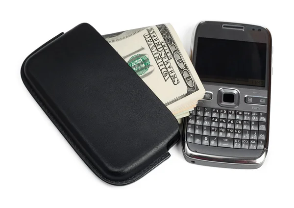 Smartphone und Geld isoliert auf weiß — Stockfoto