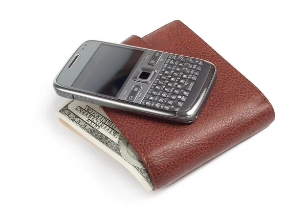 Telefon en plånbok som isolerad på vit — Stockfoto