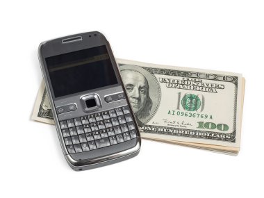 telefon ve para üzerine beyaz izole