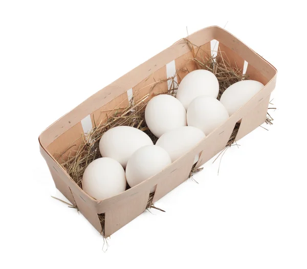 White eggs in box isolated on white — Stock Photo, Image
