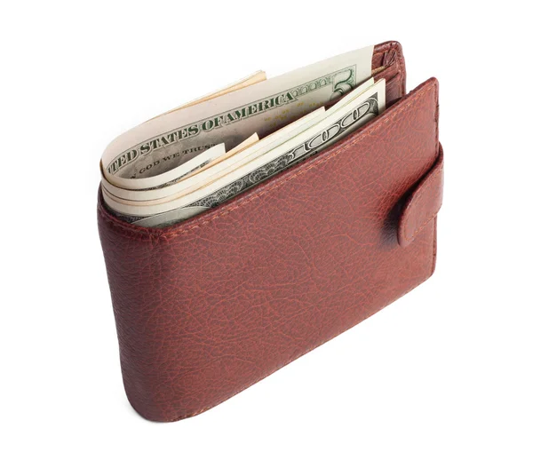 Коричневий гаманець з грошима, ізольовані на білому — стокове фото
