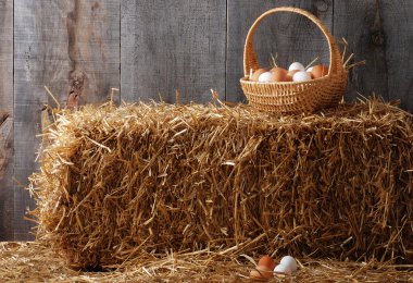 Basket of eggs on hay bale clipart