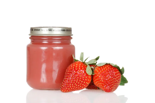 Jar of strawberry baby food — Stock Photo, Image