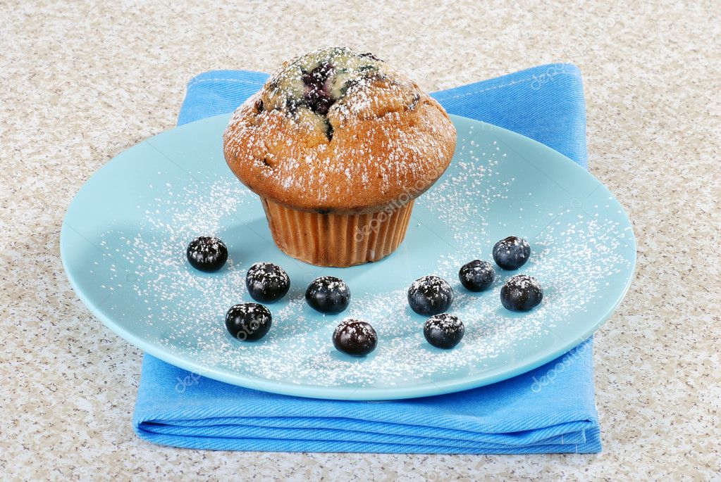 Blueberry muffin on a plate with icing sugar — Stock Photo © mcgphoto