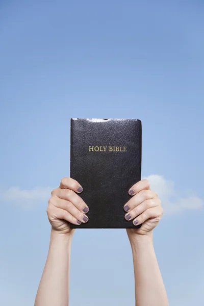 Håller Bibeln högt i himlen — Stockfoto
