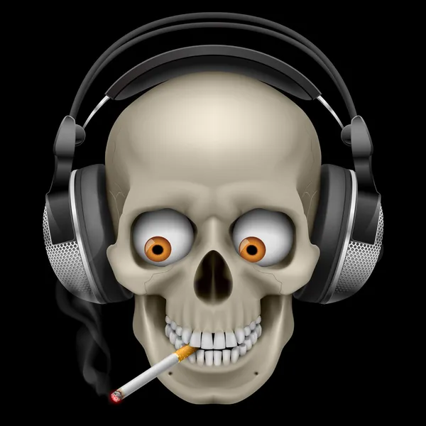 Skull with headphones with a cigarette — Stock Vector