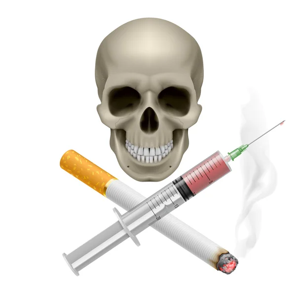 Calavera realista con un cigarrillo y una jeringa — Vector de stock