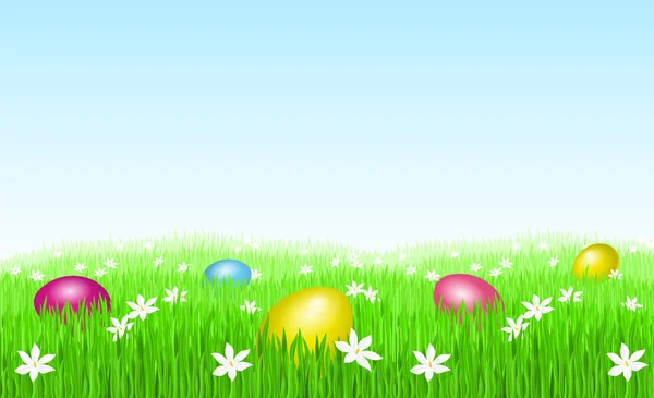 Huevos de Pascua sobre hierba verde — Vector de stock