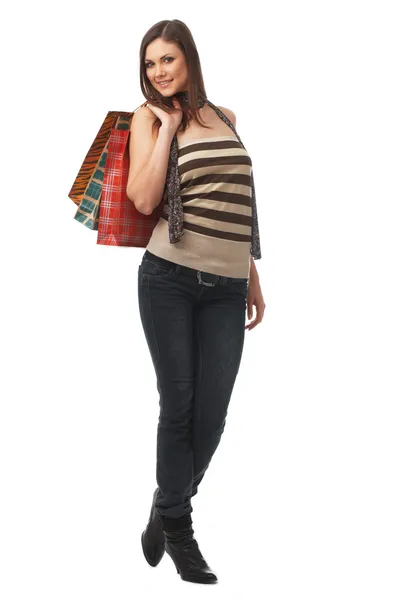 Fuii längd av en flicka med väskor — Stockfoto