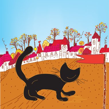 Fairytale autumn town and cat clipart