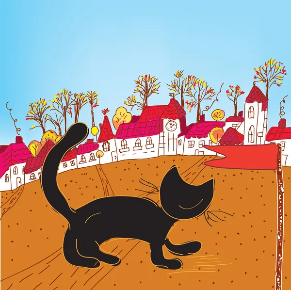 Φθινόπωρο πόλη παραμύθι και η γάτα — Διανυσματικό Αρχείο