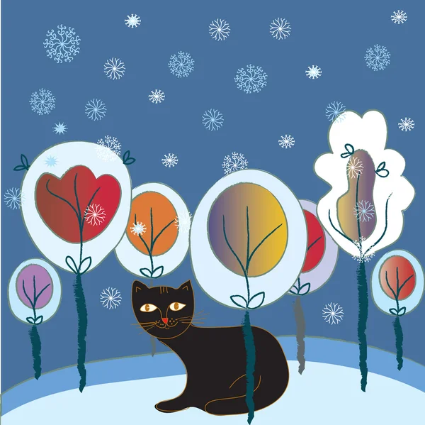 Carte de Noël avec chat et forêt — Image vectorielle