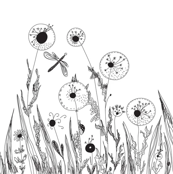Dandelions e grama cartão de natureza — Vetor de Stock