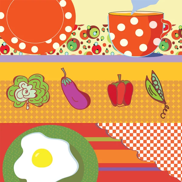 Bandiere alimentari con uova, tè, verdure — Vettoriale Stock