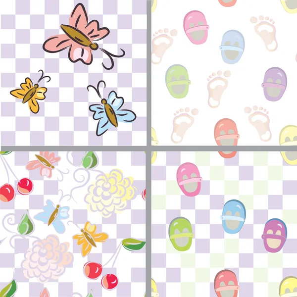 Baby seamless patterns with flower, shoes, footprints — Stock Vector