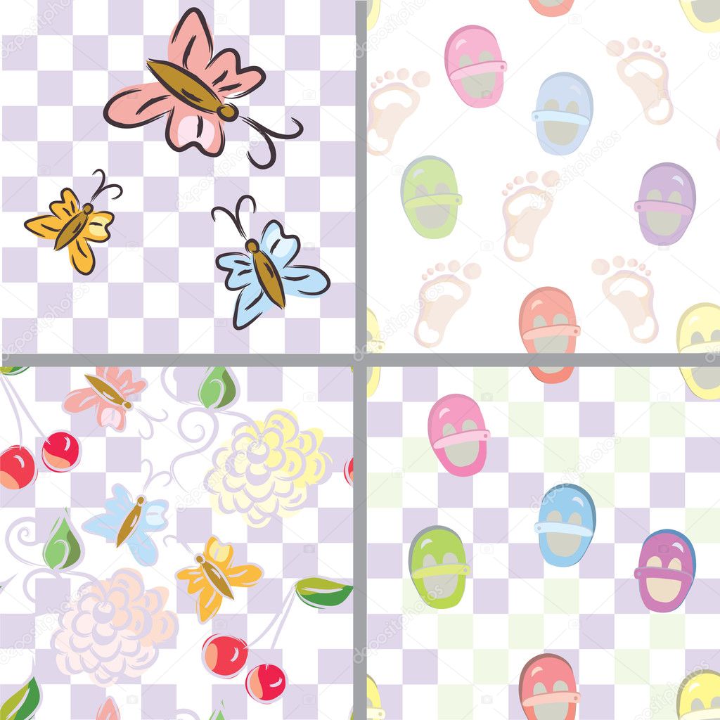 Baby seamless patterns with flower, shoes, footprints