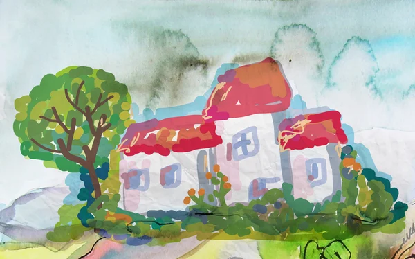 ツリーと村の家の風景 — ストック写真