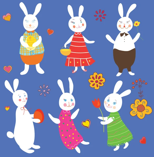 Funny easter rabbits set — Stock Vector