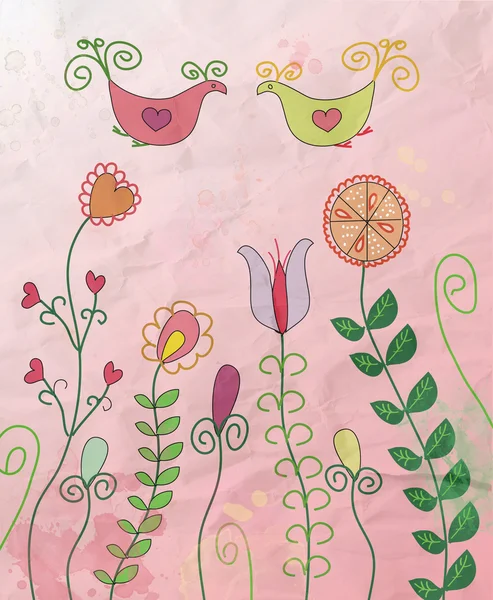 Cartão floral com pássaros no papel — Fotografia de Stock
