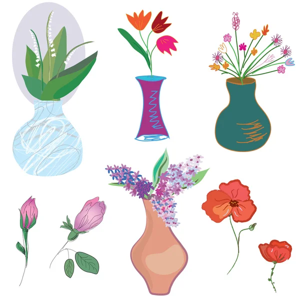Vases and flowers set funny — Stock Vector