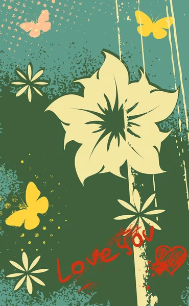 花と蝶とグランジ スタイルで抽象的な背景 — ストックベクタ