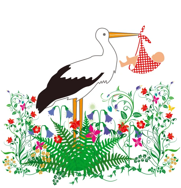 Cigogne bébé et fleurs — Image vectorielle