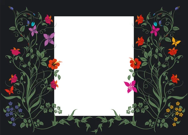 Motif floral avec étiquette blanche sur noir — Image vectorielle