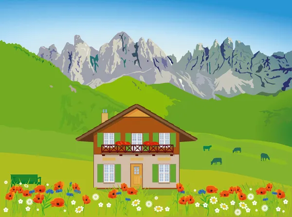 Дом на фоне гор — стоковый вектор