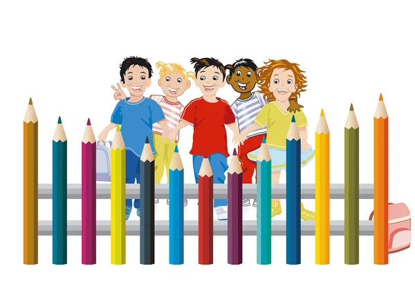 Niños con lápices de colores — Vector de stock