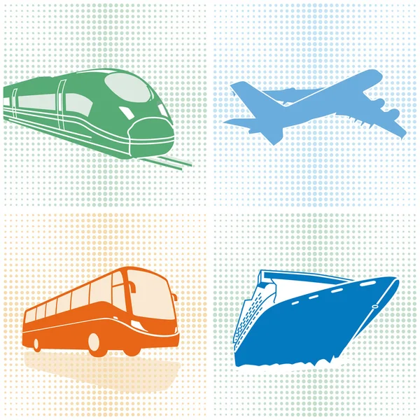 Vliegtuig, bus, trein, schip vervoer — Stockvector