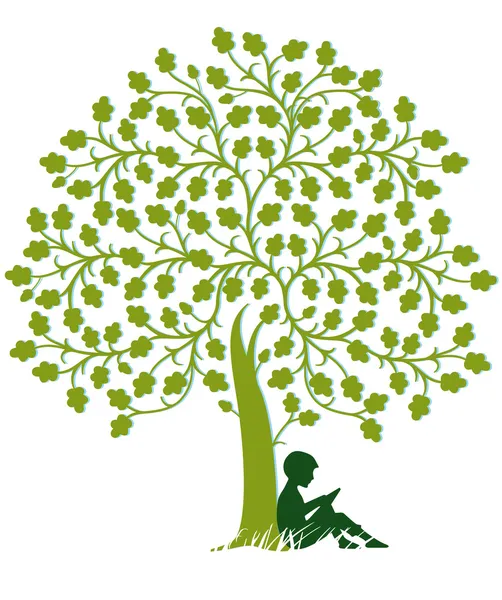 Bir ağacın altında çocuk okuma — Stok Vektör