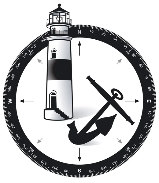 Compass, with a lighthouse and ship s anchor — Stock Vector