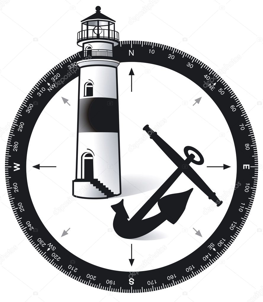 Compass, with a lighthouse and ship s anchor