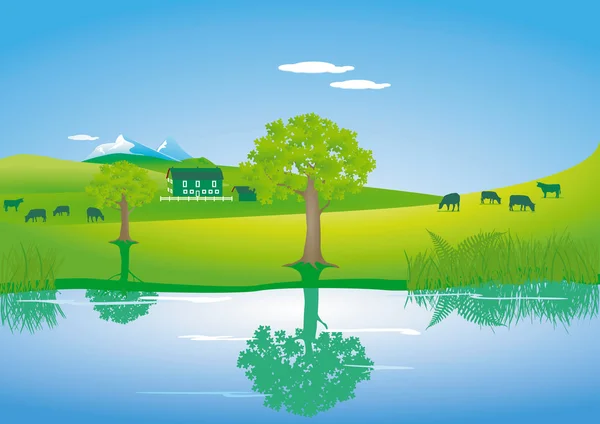 Пейзаж с коровами на озере — стоковый вектор