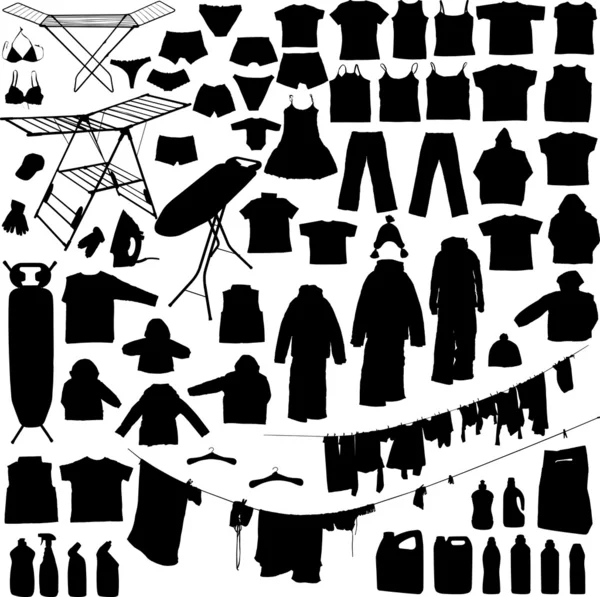 Objetos de lavanderia silhuetas em preto e branco — Vetor de Stock